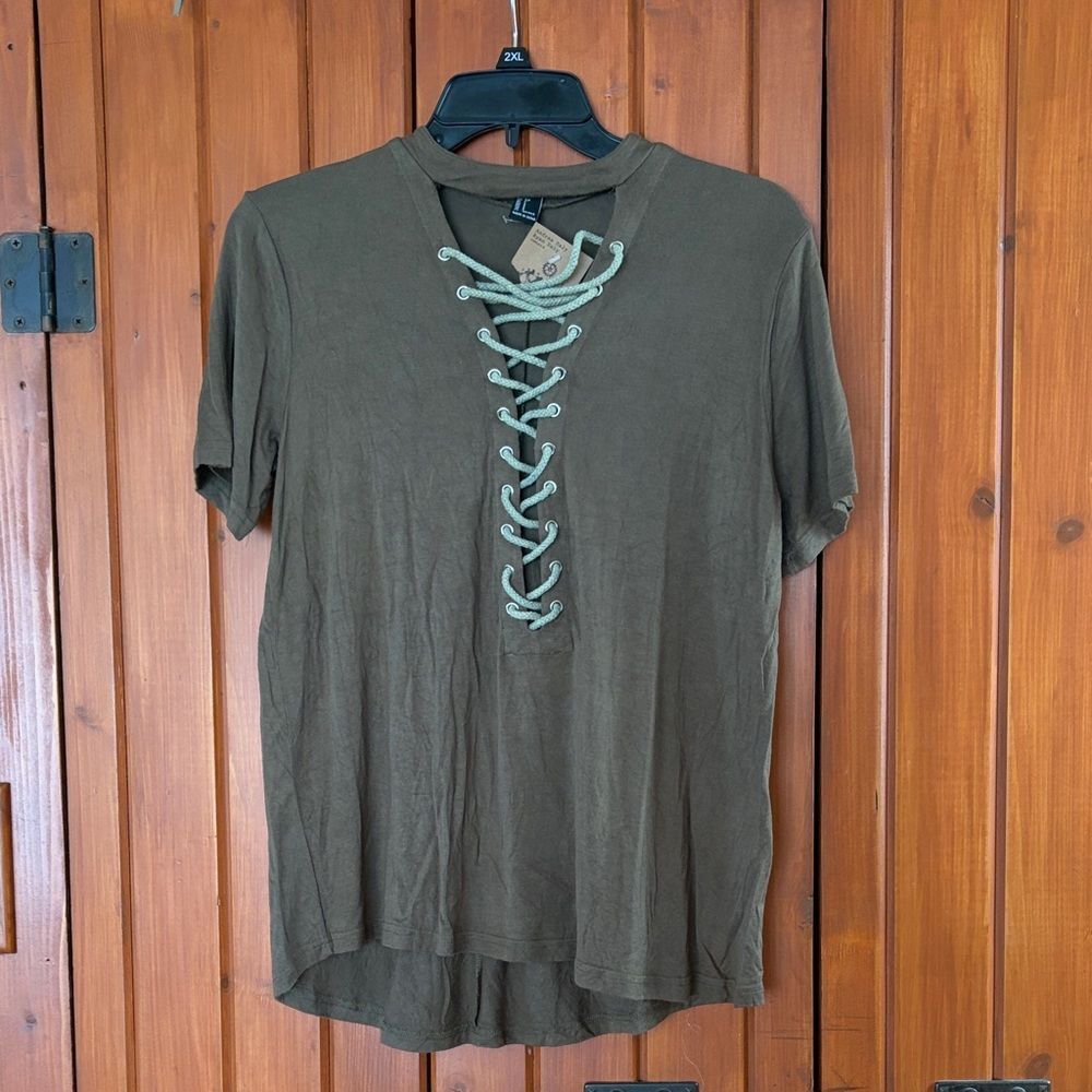 Forever 21 Olive Lace-Up Short Sleeve Tee